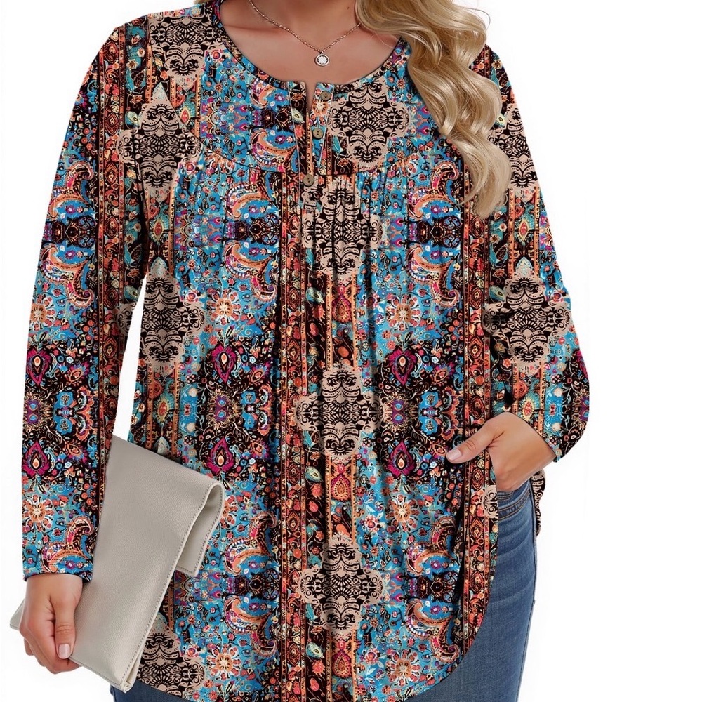 Bohemian Paisley Floral Print Henley Tunic Blouse Plus Size XXL NWT - Picture 14 of 14